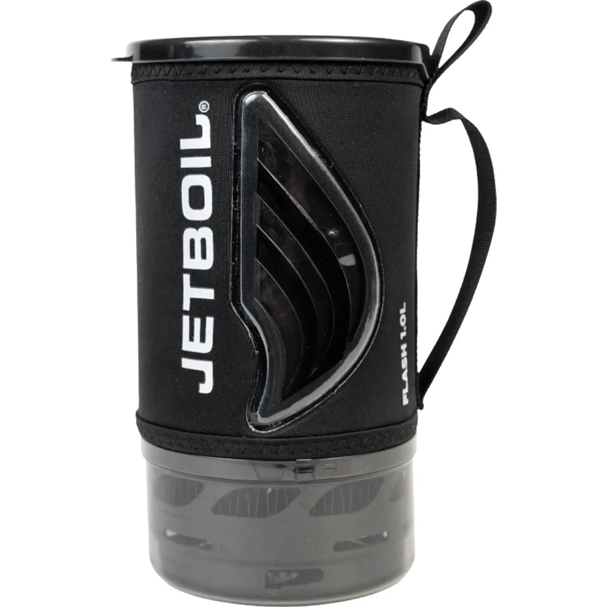 Cylindrical camping cooking system with insulating sleeve, handle, and transparent base, front view