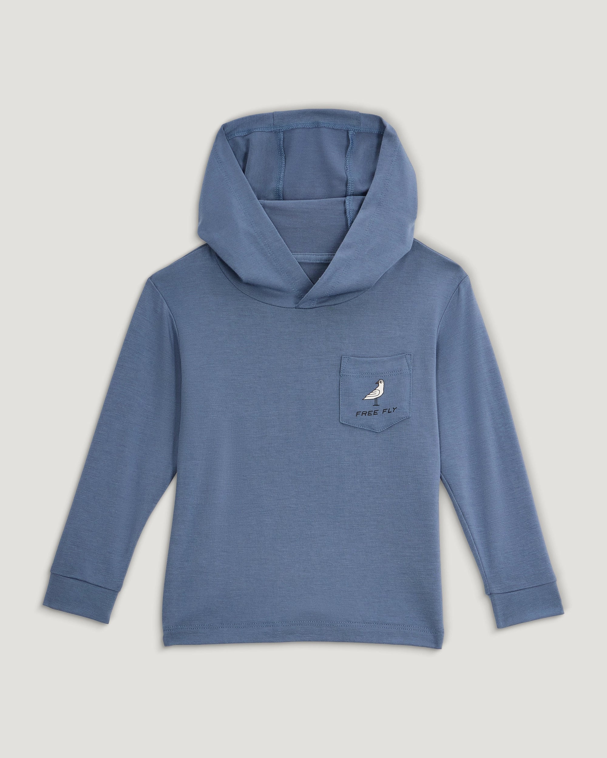 Blue hooded sweatshirt with chest pocket and bird logo, laid flat on white background