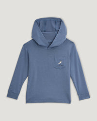 Blue hooded sweatshirt with chest pocket and bird logo, laid flat on white background