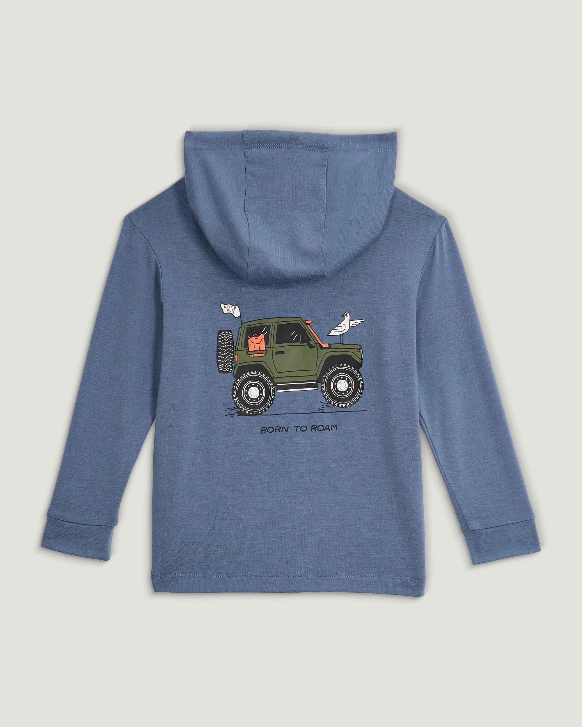 Blue hooded sweatshirt with green off-road vehicle graphic on back, hood up view
