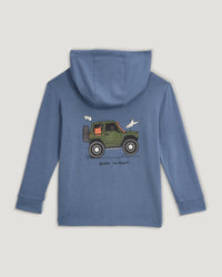 Blue hooded sweatshirt with green off-road vehicle graphic on back, hood up view