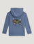 Blue hooded sweatshirt with green off-road vehicle graphic on back, hood up view