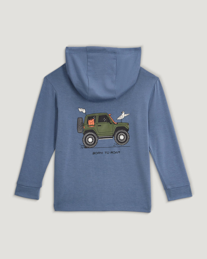 Blue hooded sweatshirt with green off-road vehicle graphic on back, hood up view