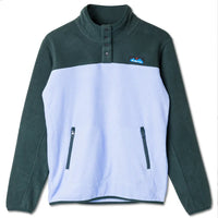 Two-tone fleece pullover with snap collar, front zippered pockets, green upper and light blue body