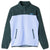 Two-tone fleece pullover with snap collar, front zippered pockets, green upper and light blue body