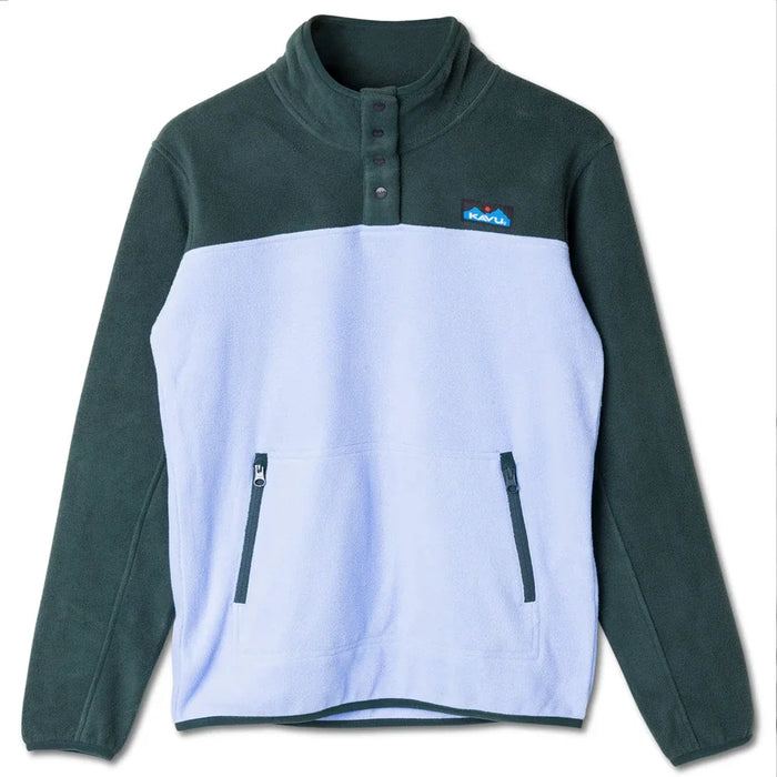 Two-tone fleece pullover with snap collar, front zippered pockets, green upper and light blue body