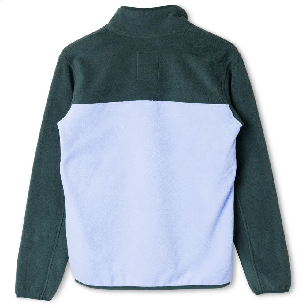 Color-blocked fleece pullover with quarter zip in dark green and light blue