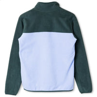 Color-blocked fleece pullover with quarter zip in dark green and light blue