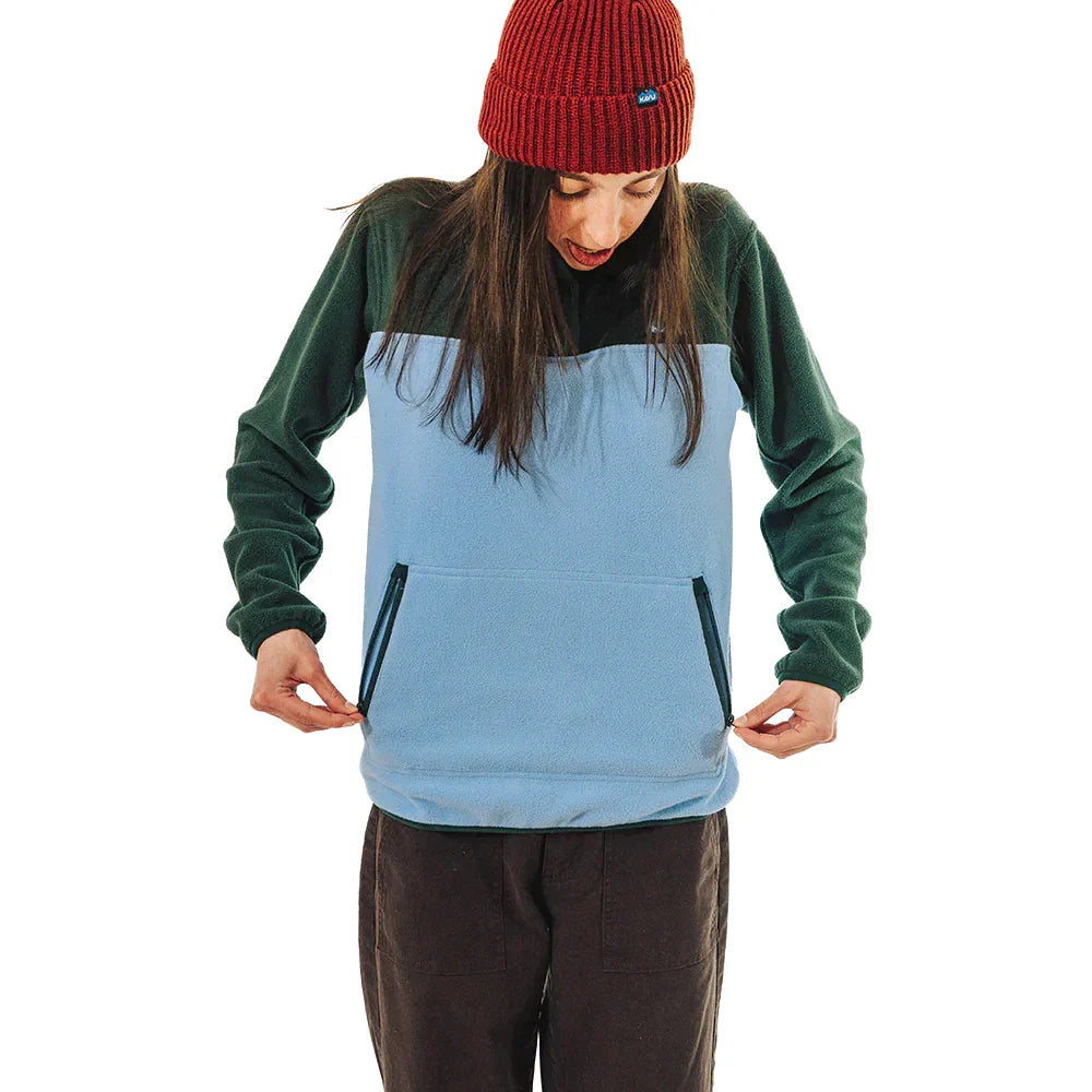 Color-blocked pullover sweatshirt with light blue body, green sleeves, and front pocket