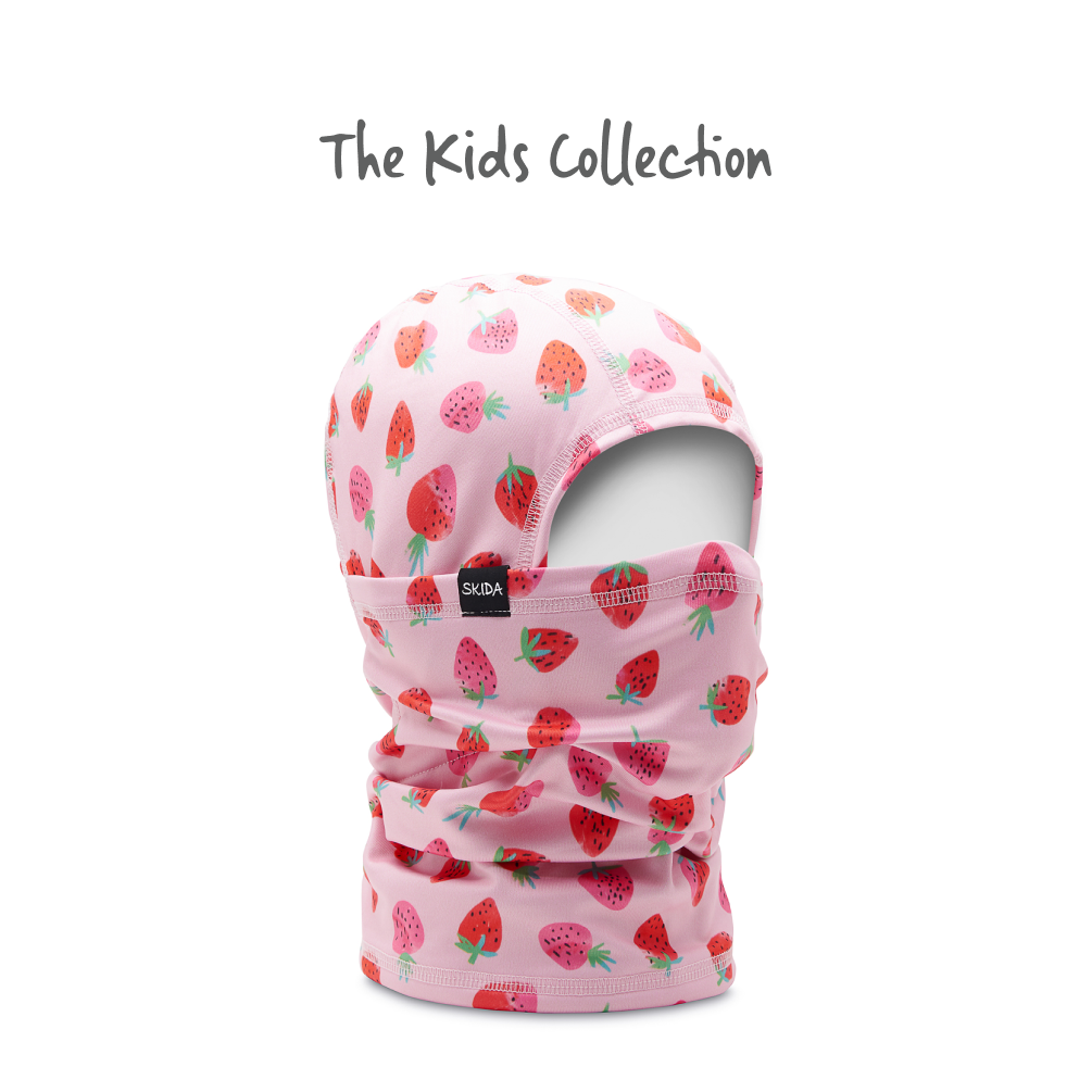 Kids balaclava with strawberry print pattern, full face coverage with open eye area, side view