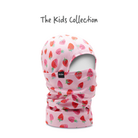 Kids balaclava with strawberry print pattern, full face coverage with open eye area, side view