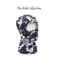 Kids balaclava with cow print pattern, full hood and neck coverage with face opening