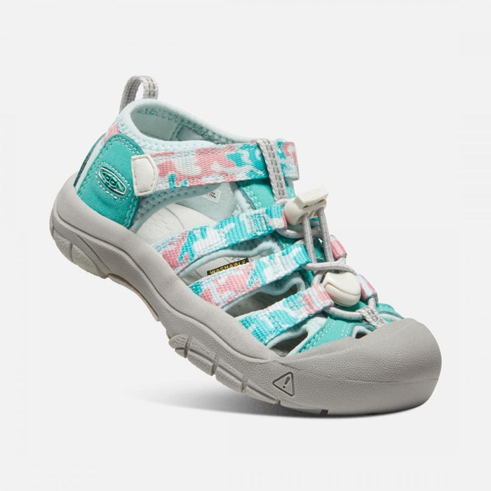 Turquoise and pink patterned water sandal with adjustable straps and protective toe cap
