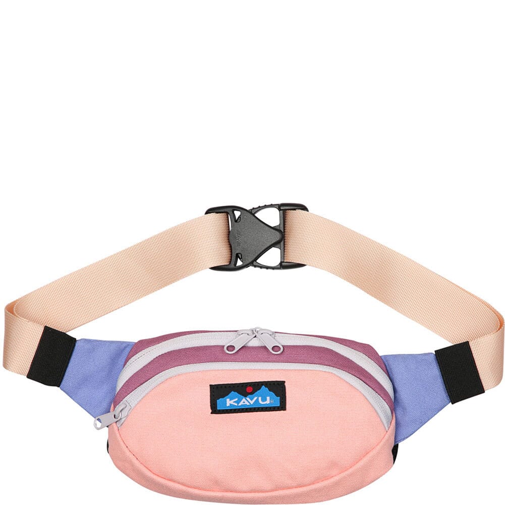 Colorblock canvas fanny pack with multiple pastel sections and adjustable strap