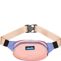 Colorblock canvas fanny pack with multiple pastel sections and adjustable strap
