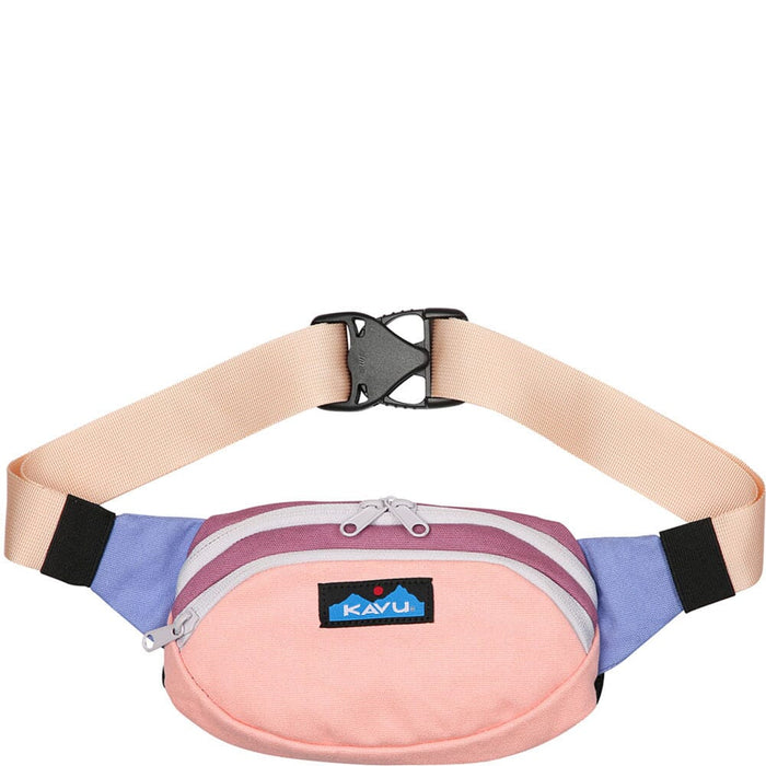 Colorblock canvas fanny pack with multiple pastel sections and adjustable strap