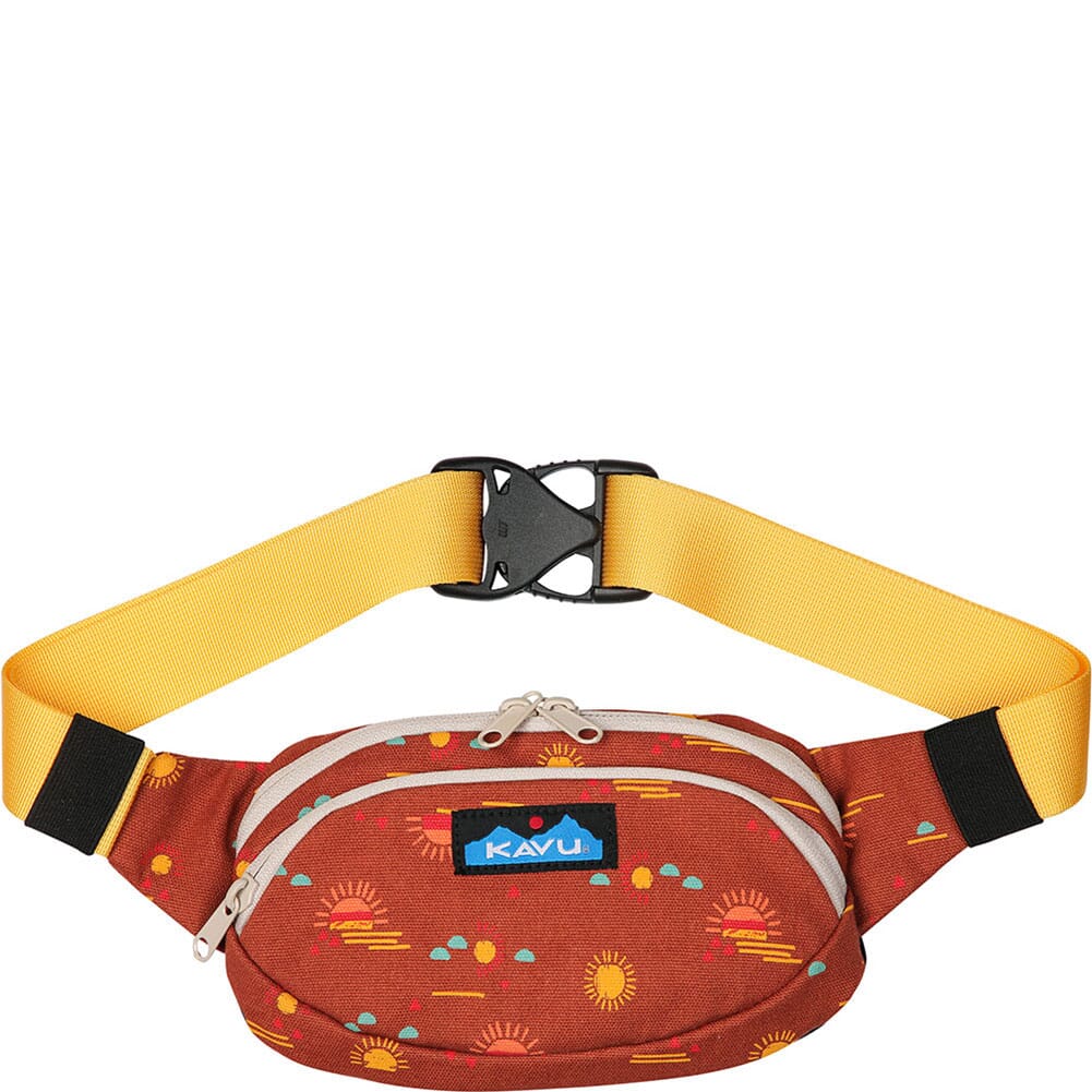 Fanny pack with rust colored sun pattern fabric and yellow adjustable strap, front view