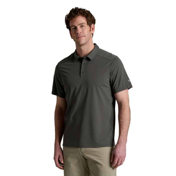 Men's dark gray polo shirt with collar and button placket, front view
