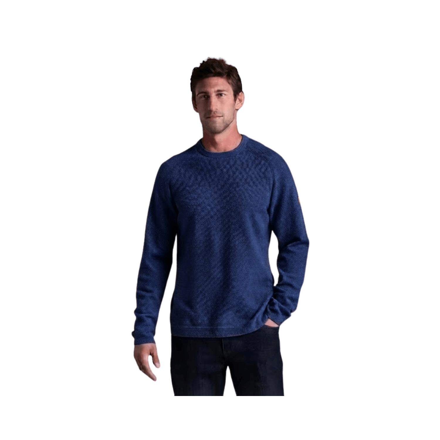 Men's crewneck pullover sweater in dark blue with textured pattern, front view on model