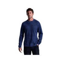 Men's crewneck pullover sweater in dark blue with textured pattern, front view on model