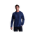 Men's crewneck pullover sweater in dark blue with textured pattern, front view on model