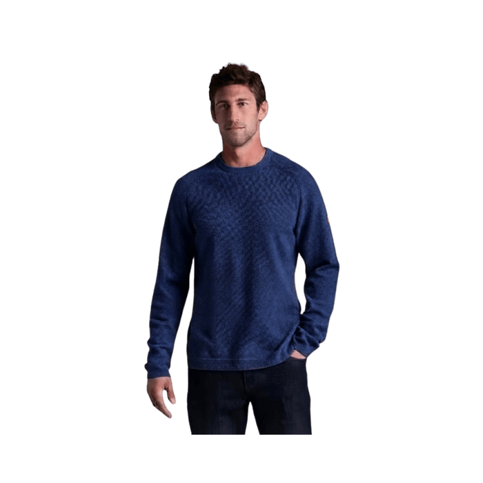 Men's crewneck pullover sweater in dark blue with textured pattern, front view on model