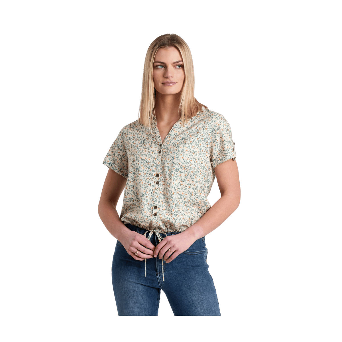 Women's short sleeve button-up shirt with small floral print and drawstring hem