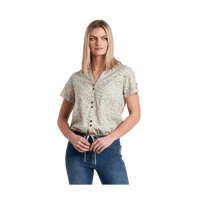 Women's short sleeve button-up shirt with small floral print and drawstring hem