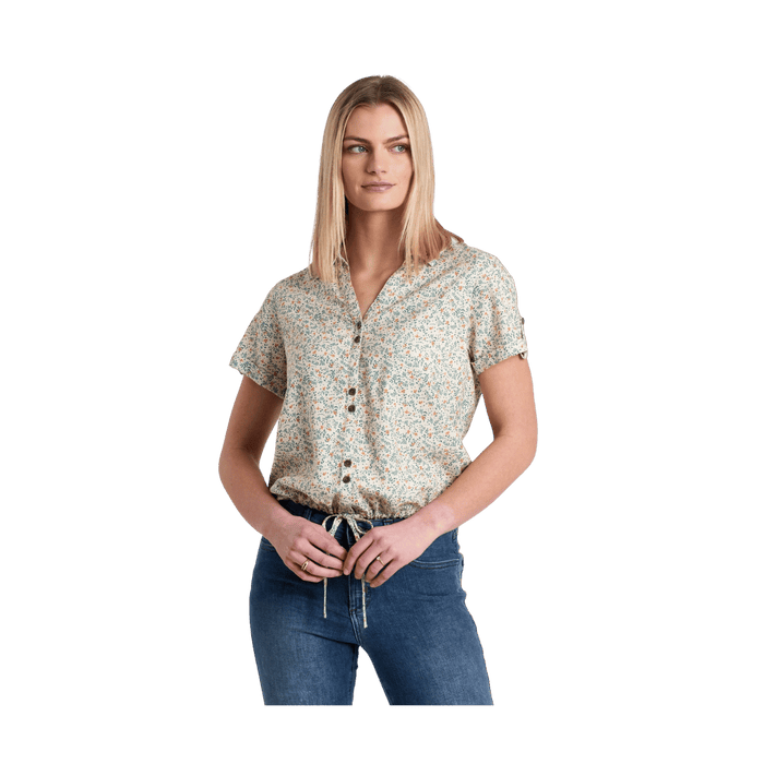 Women's short sleeve button-up shirt with small floral print and drawstring hem