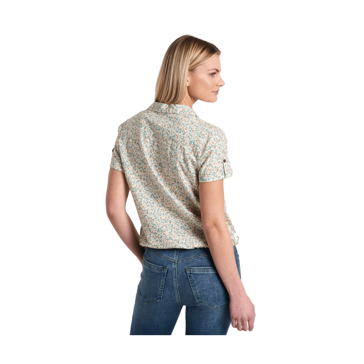 Women's short sleeve button-up shirt with small floral pattern, shown from back view