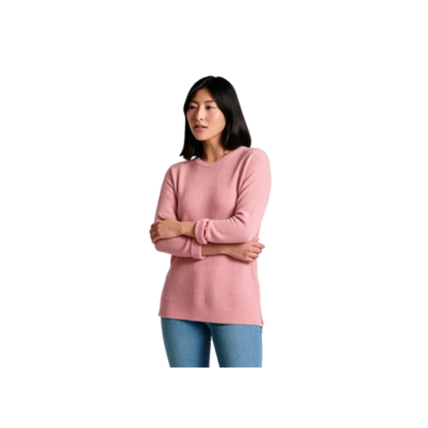 Women's crew neck tunic sweater in dusty pink, front view, model with arms crossed