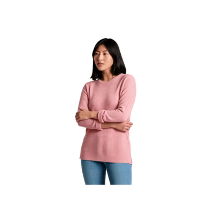 Women's crew neck tunic sweater in dusty pink, front view, model with arms crossed