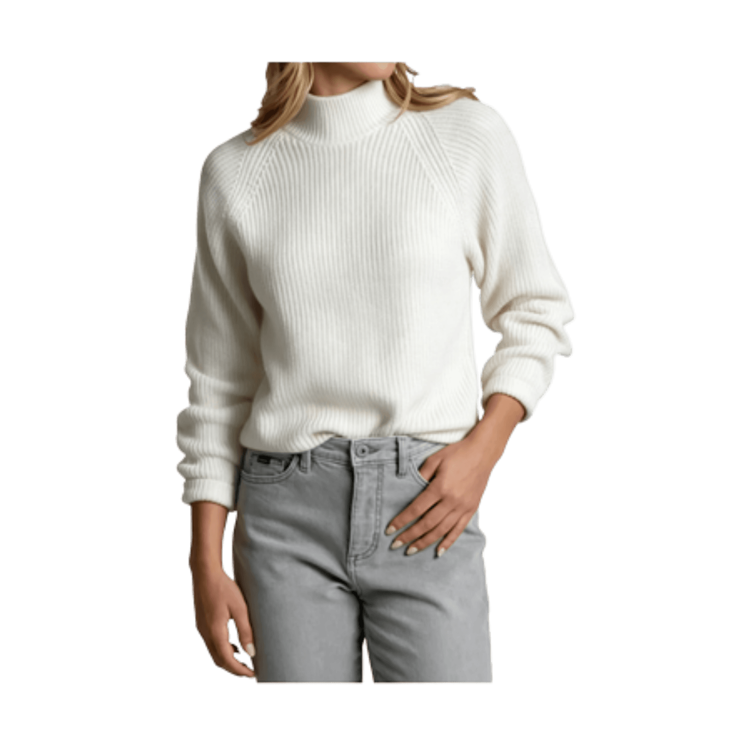 Women's ribbed roll neck pullover sweater in off-white, front view on model with jeans