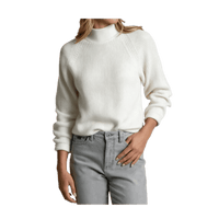 Women's ribbed roll neck pullover sweater in off-white, front view on model with jeans