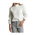 Women's ribbed roll neck pullover sweater in off-white, front view on model with jeans
