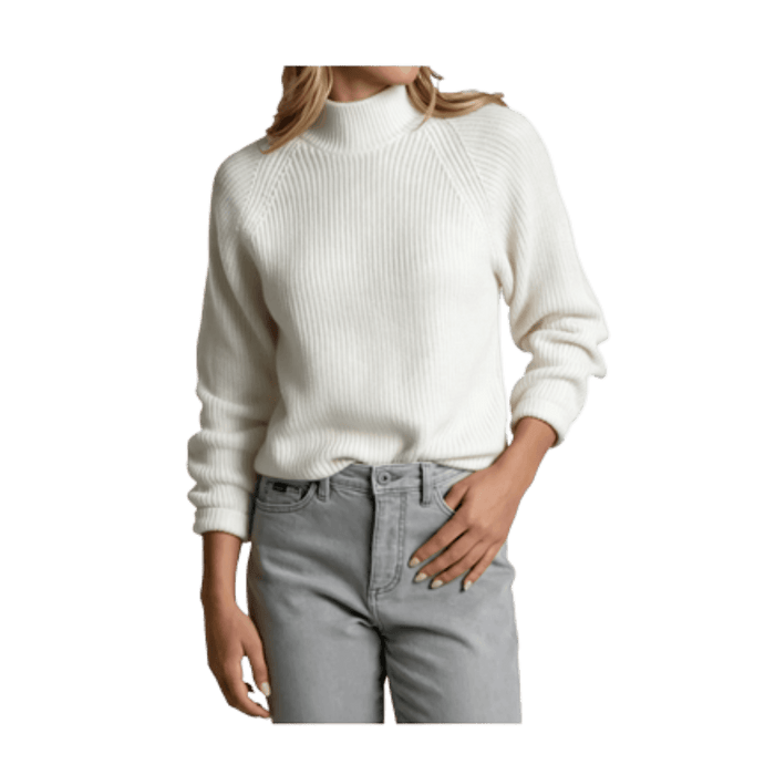 Women's ribbed roll neck pullover sweater in off-white, front view on model with jeans