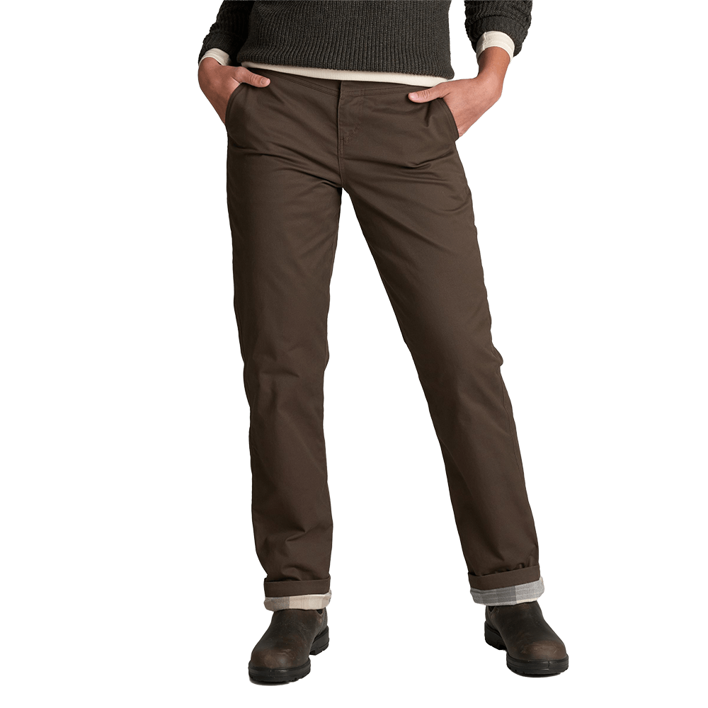 Women's lined chino pants in dark brown with rolled cuffs, front view on model