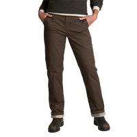 Women's lined chino pants in dark brown with rolled cuffs, front view on model