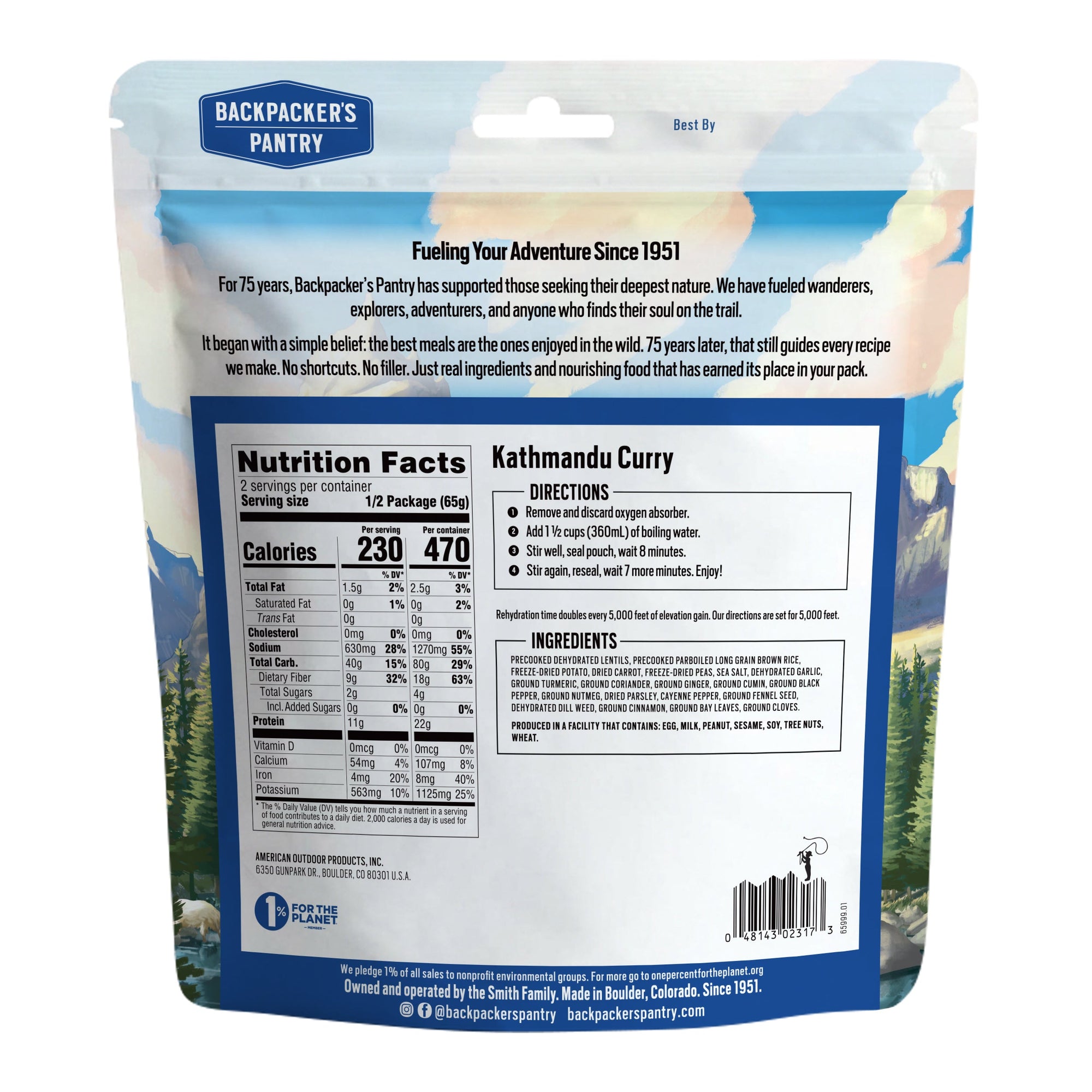Freeze-dried meal pouch back panel showing nutrition facts and cooking instructions