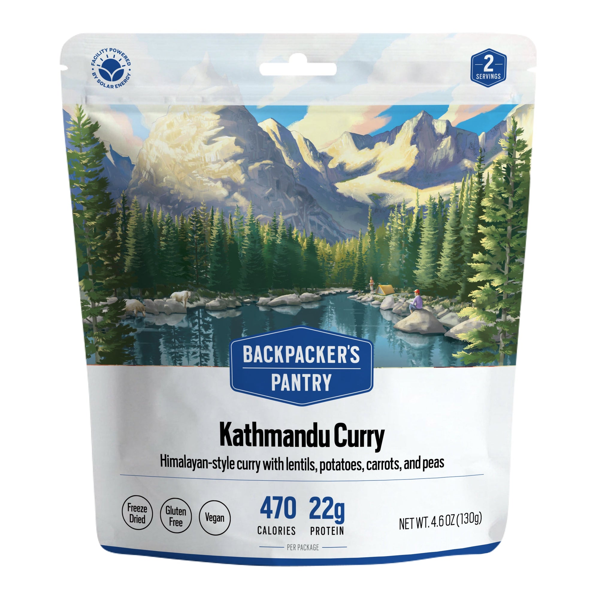 Freeze-dried meal pouch with mountain landscape artwork, showing nutritional information and serving details