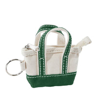 Mini canvas tote bag keychain with green handles, trim, and base, silver zipper and ring