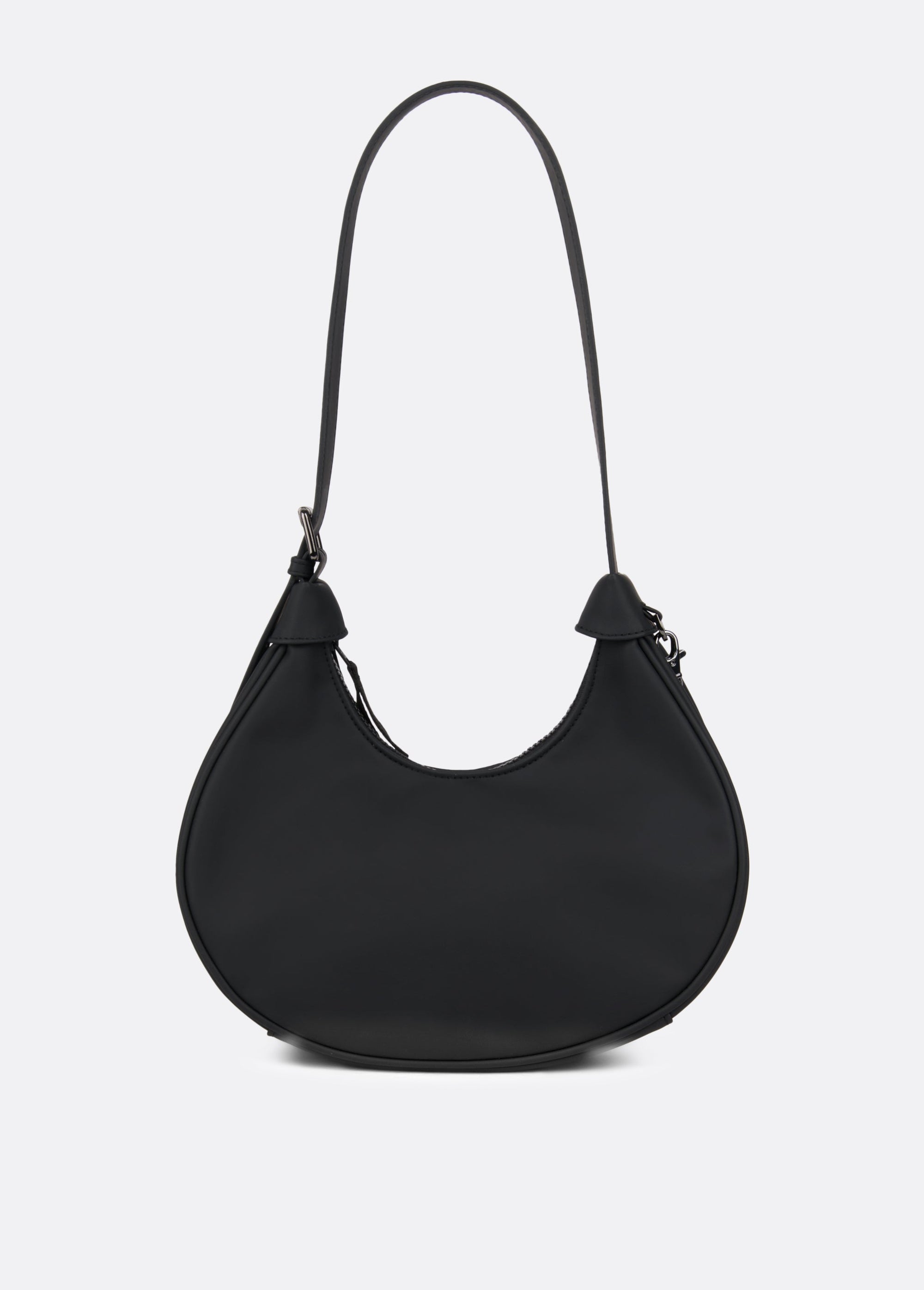 Black crescent-shaped hobo bag with single shoulder strap and zipper closure