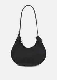 Black crescent-shaped hobo bag with single shoulder strap and zipper closure