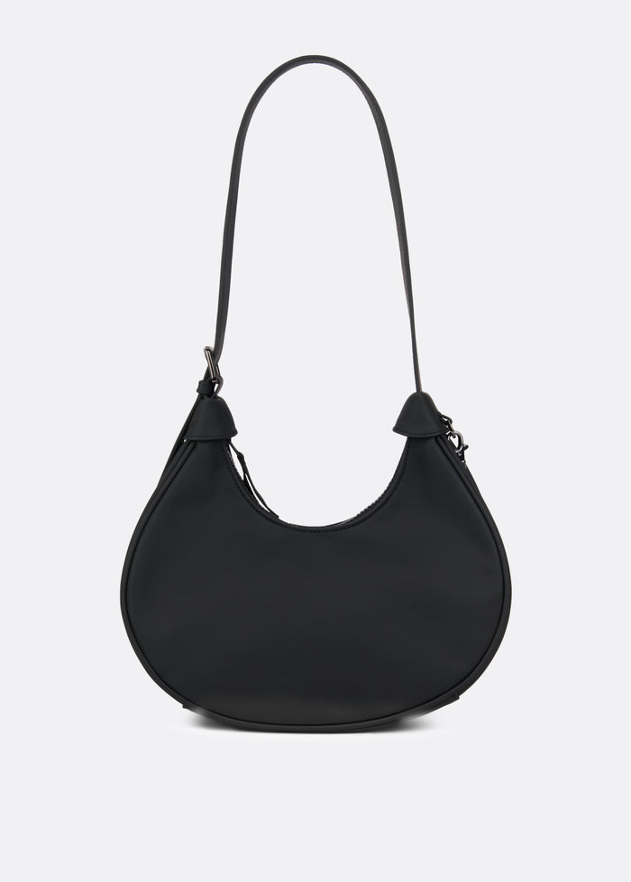 Black crescent-shaped hobo bag with single shoulder strap and zipper closure