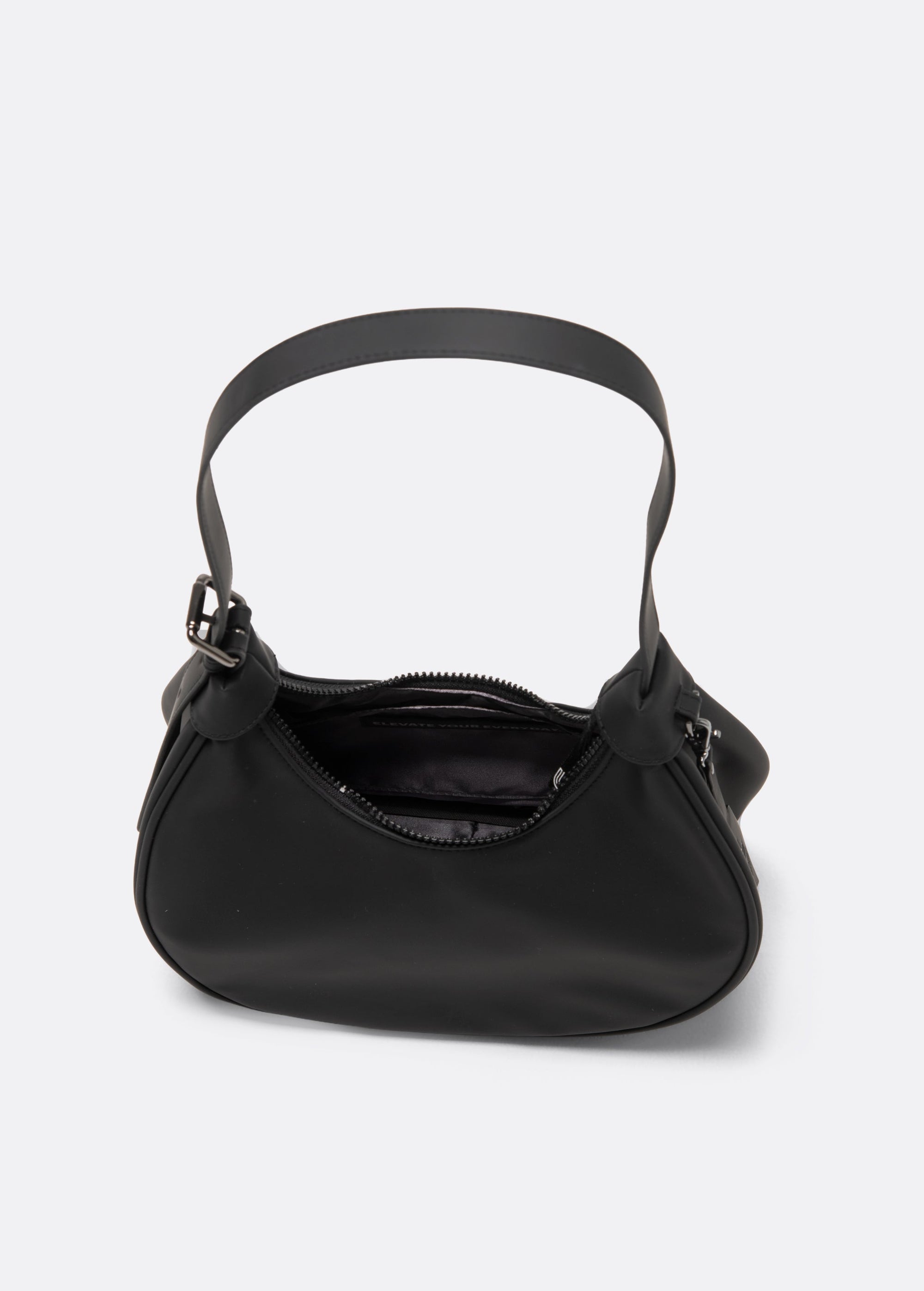Black mini hobo bag with zipper closure and single handle, front view
