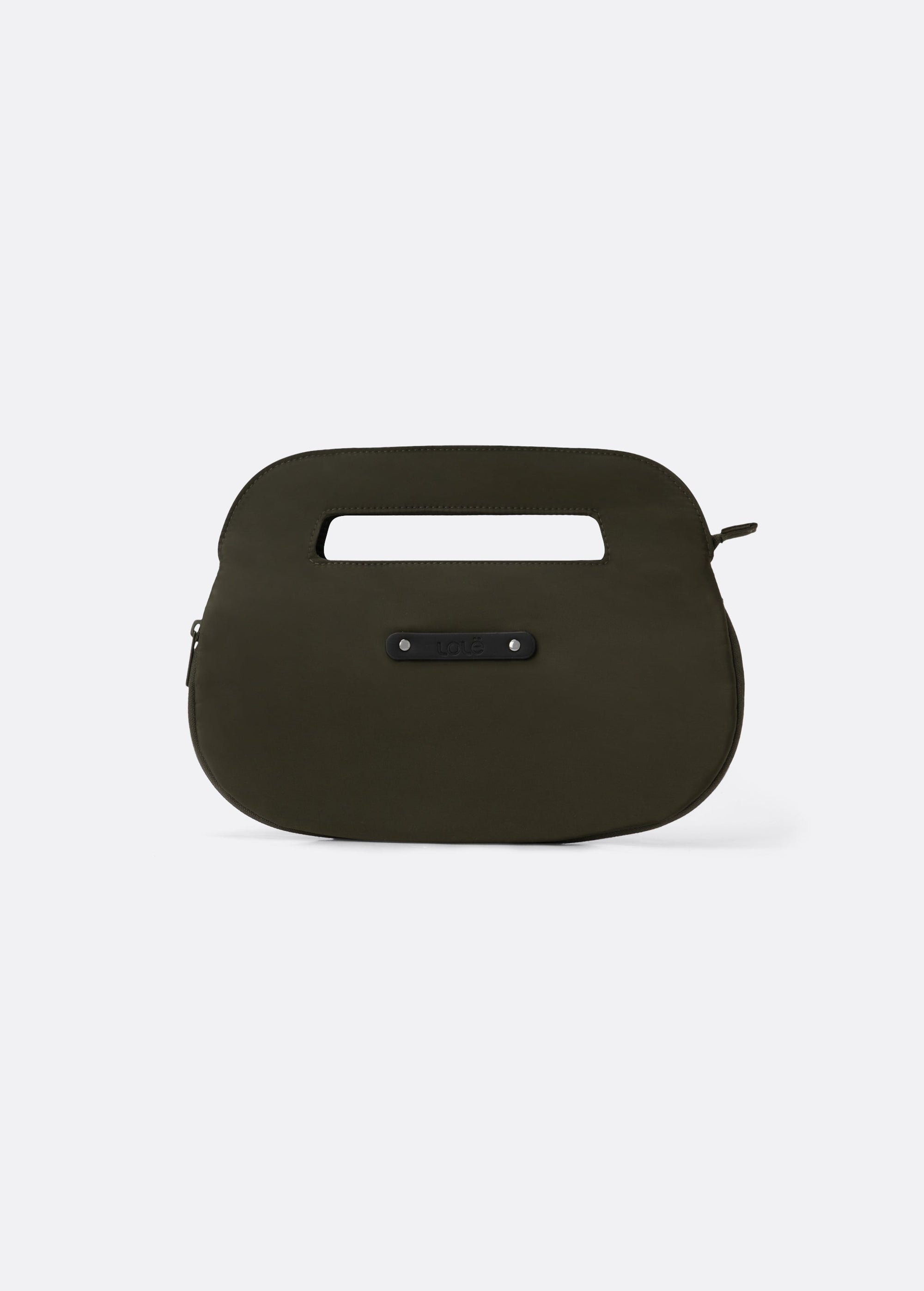 Dark olive green crossbody clutch bag with cut-out top handle and zipper closure, front view