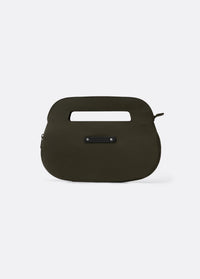 Dark olive green crossbody clutch bag with cut-out top handle and zipper closure, front view