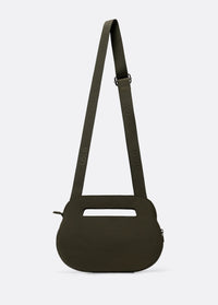 Olive green crossbody bag with long adjustable strap and oval shape, back view