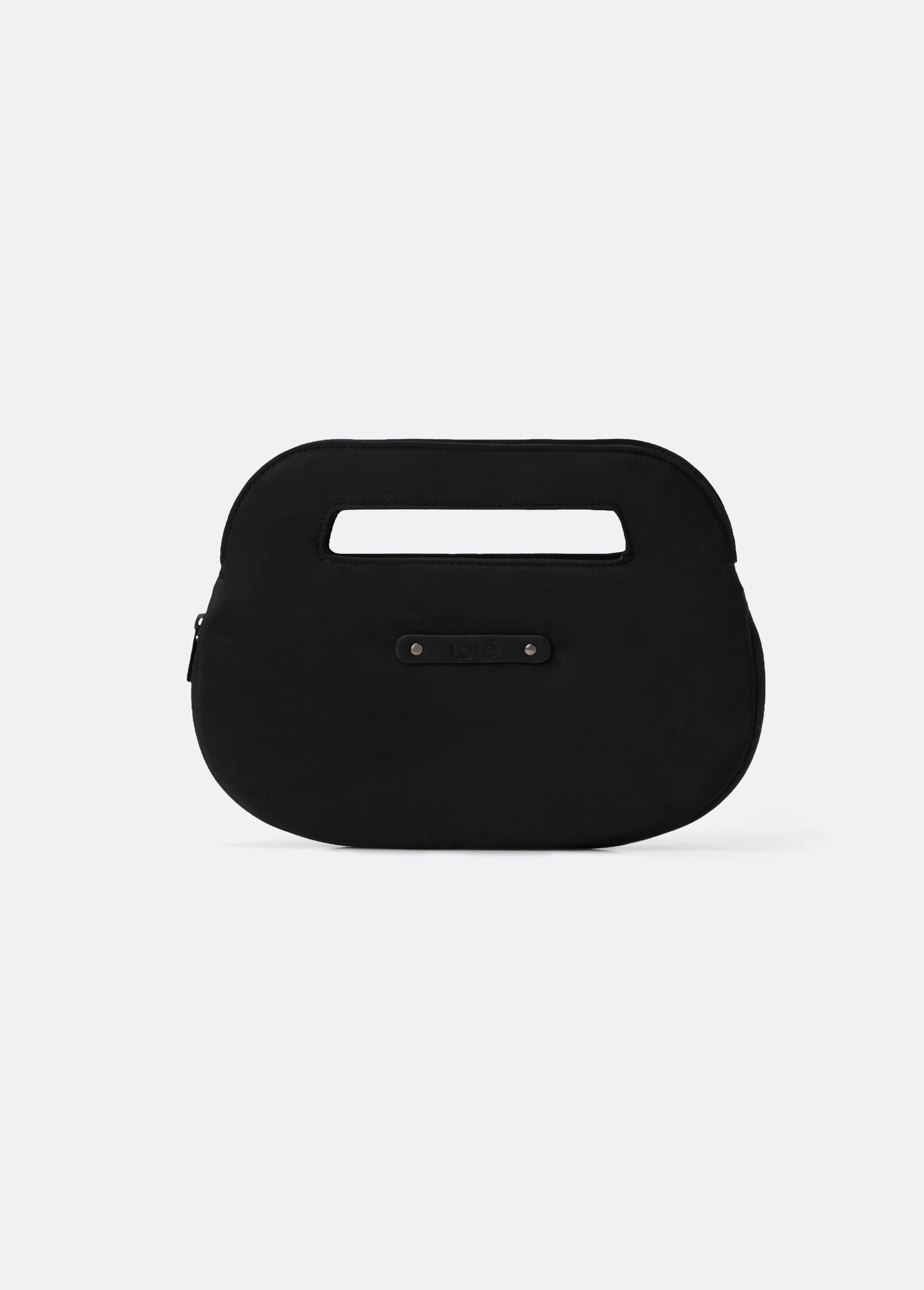 Black rounded clutch bag with cut-out top handle and zipper closure, back view