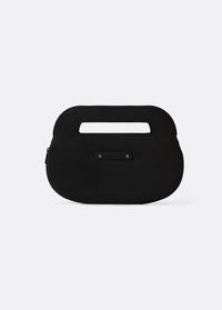Black rounded clutch bag with cut-out top handle and zipper closure, back view